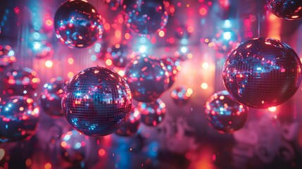 a group of shiny disco balls hanging from a ceiling in a room with lights