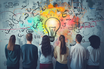 A group of people are looking at a wall with a light bulb drawn on it. The light bulb is surrounded by a lot of writing, which appears to be a brainstorming session