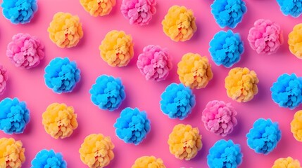 Colorful fluffy balls on pink background - obrazy, fototapety, plakaty