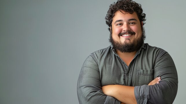 a man with a beard standing with his arms crossed and smiling