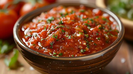 a bowl of tomato sauce with parsley on top of it and tomatoes in the background on a wooden table