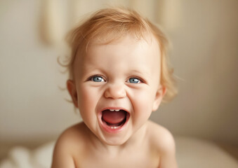 A baby is smiling and laughing while sitting on a bed. The baby's face is covered in white powder, giving it a playful and innocent appearance