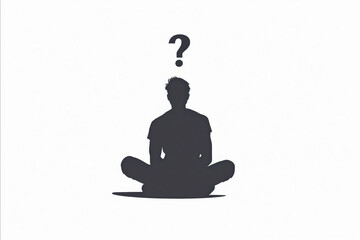 A man is sitting cross legged on the floor with his hands on his knees. He is looking up at the ceiling with a question mark on his forehead - obrazy, fototapety, plakaty