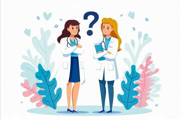 Two women in white lab coats are standing in a forest with a book in their hands. They are looking at each other with a puzzled expression - obrazy, fototapety, plakaty
