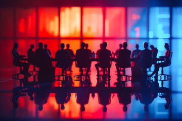 A group of people sitting at a table in a room with a red background. The people are all dressed in business attire and appear to be in a meeting - obrazy, fototapety, plakaty