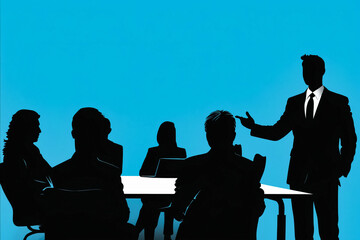A man is giving a presentation to a group of people in a boardroom. The man is dressed in a suit and tie, and the other people in the room are also dressed in business attire - obrazy, fototapety, plakaty