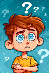 A boy with a blue shirt and yellow shirt is looking at a question mark - obrazy, fototapety, plakaty