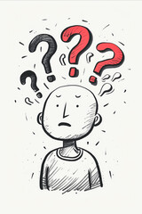 A man with a blank expression on his face with three red question marks above his head. Concept of confusion and uncertainty
