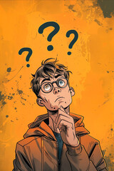 A man with glasses is looking at a question mark on a yellow background. Concept of curiosity and contemplation, as the man ponders the question. The yellow background adds a warm - obrazy, fototapety, plakaty