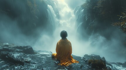 a person sitting on a rock in front of a waterfall with a yellow robe