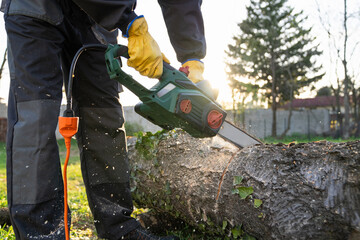 A man in uniform cuts an old tree in the yard with an electric saw.