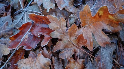 Oak leaves that have fallen are blanketed in a layer of frost