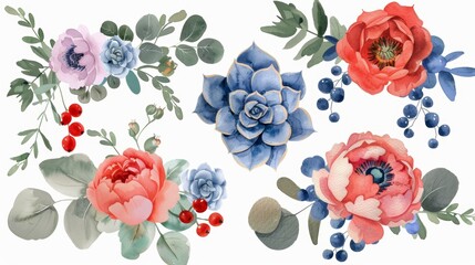 Naklejka premium Vibrant Floral Set with Peonies and Succulents Generative AI