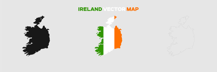 Ireland Map Vector Pack. Map with Flag. Gray Map Silhouette. Gray Outline Map. Editable EPS file. 