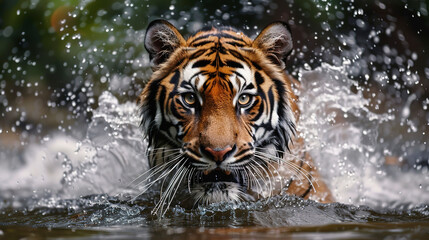 Fototapeta na wymiar Tiger, running in water with a splash and looking at the camera