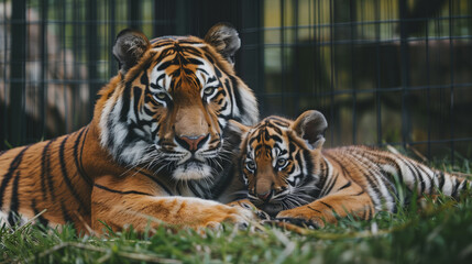 Obraz premium A tiger and a baby tiger lying on the grass at the zoo