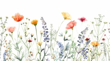 Watercolor Wildflower Background on White Generative AI
