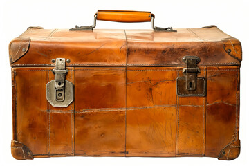 A brown leather suitcase with a gold handle sits on a white background. The suitcase is old and worn, with a few scratches and dents. The suitcase appears to be a vintage piece