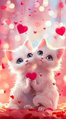 Fotobehang Two white cats holding a red heart in their mouths. The image has a cute and playful mood, with the cats being the main focus © valentyn640
