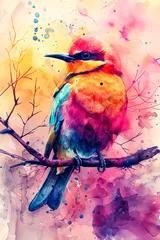Fotobehang A colorful bird is perched on a branch. The bird is surrounded by a splash of colors, which gives the image a vibrant and lively feel. The bird's bright colors © valentyn640