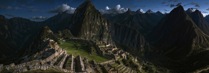 Panoramic view of the ruins of Machu Picchu in Peru, - obrazy, fototapety, plakaty