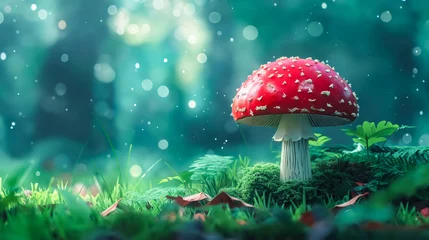 Fotobehang Red mushroom is sitting in the middle of green field. © valentyn640
