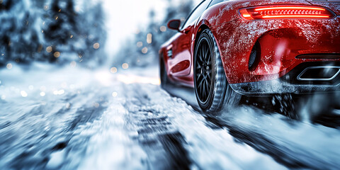 back rear wheel of a car on a snowy road in winter close up. Luxury red sports car rides on a...