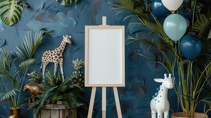 white canvas board mockup on wooden stand with baby gender or birthday party theme , blue background with balloons and toy giraffe and plants 