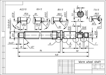 Vector drawing of steel mechanical part with through holes,
dimension lines. Worm wheel shaft. Engineering cad scheme.  Mechanical background.