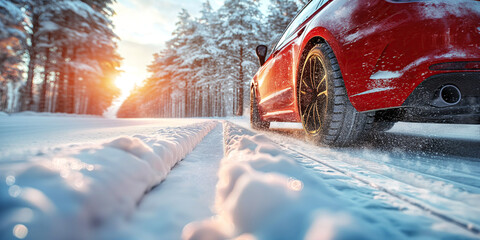 back rear wheel of a car on a snowy road in winter close up. Red car rides on a highway in nature...