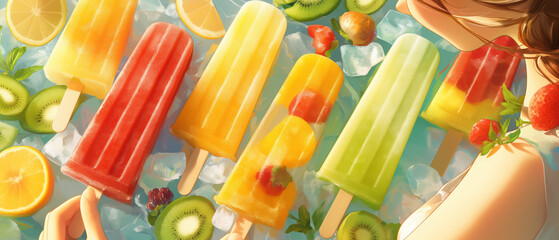 A woman making fruit popsicles with molds and fresh fruit puree