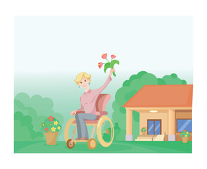 An aged and disabled woman enjoys life and nature, old people, nature, house, trees, limited physical abilities, flowers, art, vector, illustration, colored, 