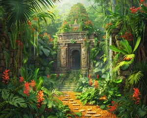 An ancient temple overgrown with lush vegetation stands at the end of a stone path in a tropical jungle setting, exuding mystery and adventure. - obrazy, fototapety, plakaty