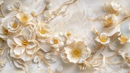 panel wall art featuring a marble background adorned with intricate white and golden flower designs, elevating the ambiance of any space as an exquisite wall decoration.