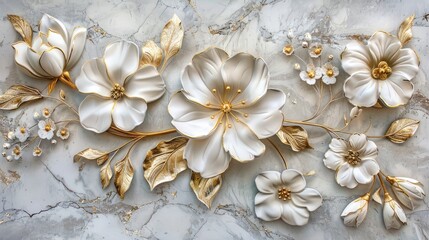 panel wall art featuring a marble background adorned with intricate white and golden flower designs, elevating the ambiance of any space as an exquisite wall decoration.