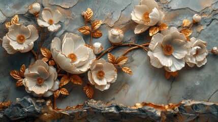 Fototapeta premium panel wall art featuring a marble background adorned with intricate white and golden flower designs, elevating the ambiance of any space as an exquisite wall decoration.