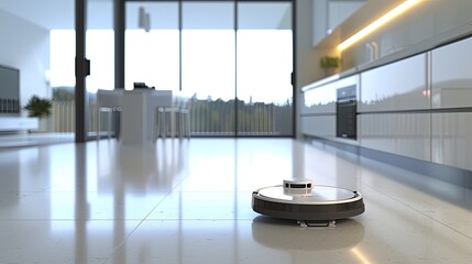 a cleaning robot as it diligently works to tidy up the kitchen room, seamlessly blending technology and household chores.