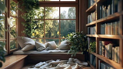 A cozy corner reading nook with a built-in window seat, soft throw blankets, and a collection of books organized by genre or color,