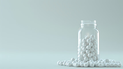 Pills in Glass Bottle on Light Blue Surface with Copy Space