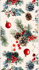 vintage Christmas ornaments pine cones seamless pattern - obrazy, fototapety, plakaty