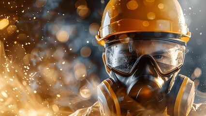 Construction Worker Wears High-Grade Dust Mask on Site to Protect Against Glass Particles. Concept Construction safety, Dust protection, Personal protective equipment, Occupational hazards