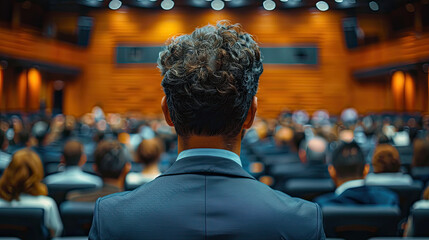 rear view of a businessman in aa conference meeting , professional business people working together. blur background with people	