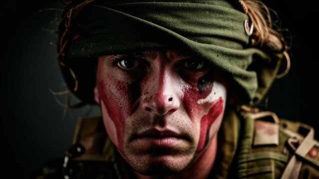 Soldier with red paint on his face and a bandaged head.