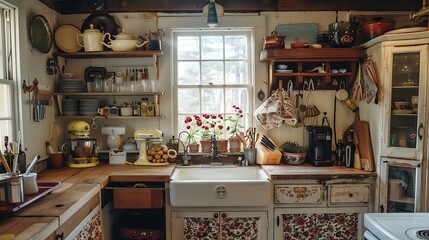 a cozy cottage kitchen with a farmhouse sink and vintage accents