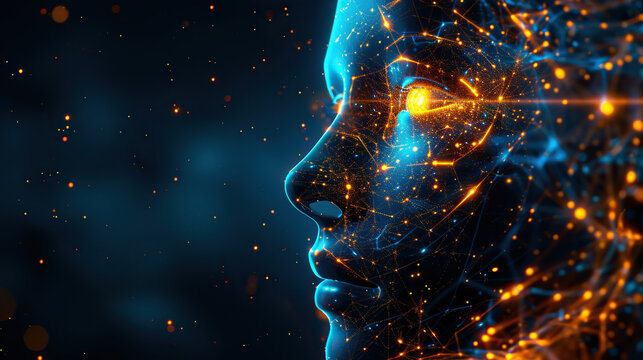 A humanoid robot with dotted connection lights modern technology , work with artificial intelligence,