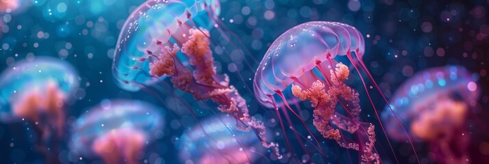 Ethereal Jellyfish Illuminated in a Mystical Underwater Scene with Glittering Particles