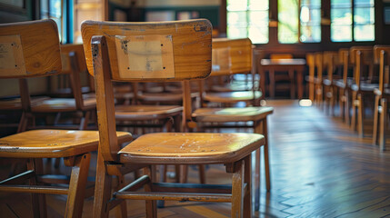 wooden chairs in classroom Old school desk symbol of education and learning in simpler times 
 blur vintage background, bright empty classroom for lessons