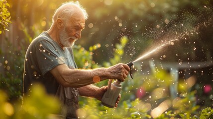 Elderly Man Watering the Garden