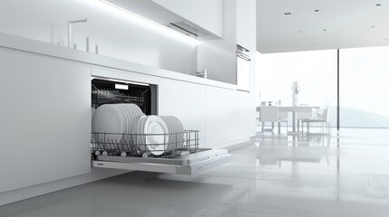 the immaculate dishes in a well-lit contemporary kitchen, presenting a high-quality image of an open dishwasher, showcasing cleanliness and modernity.