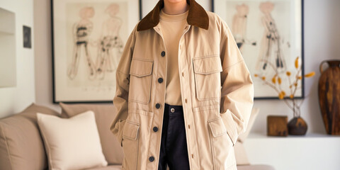 Cropped view of a person in a stylish oversized beige jacket with a contrasting collar, a perfect blend of comfort and fashion against a homey backdrop. Trendy Worker jacket style for fashionable look